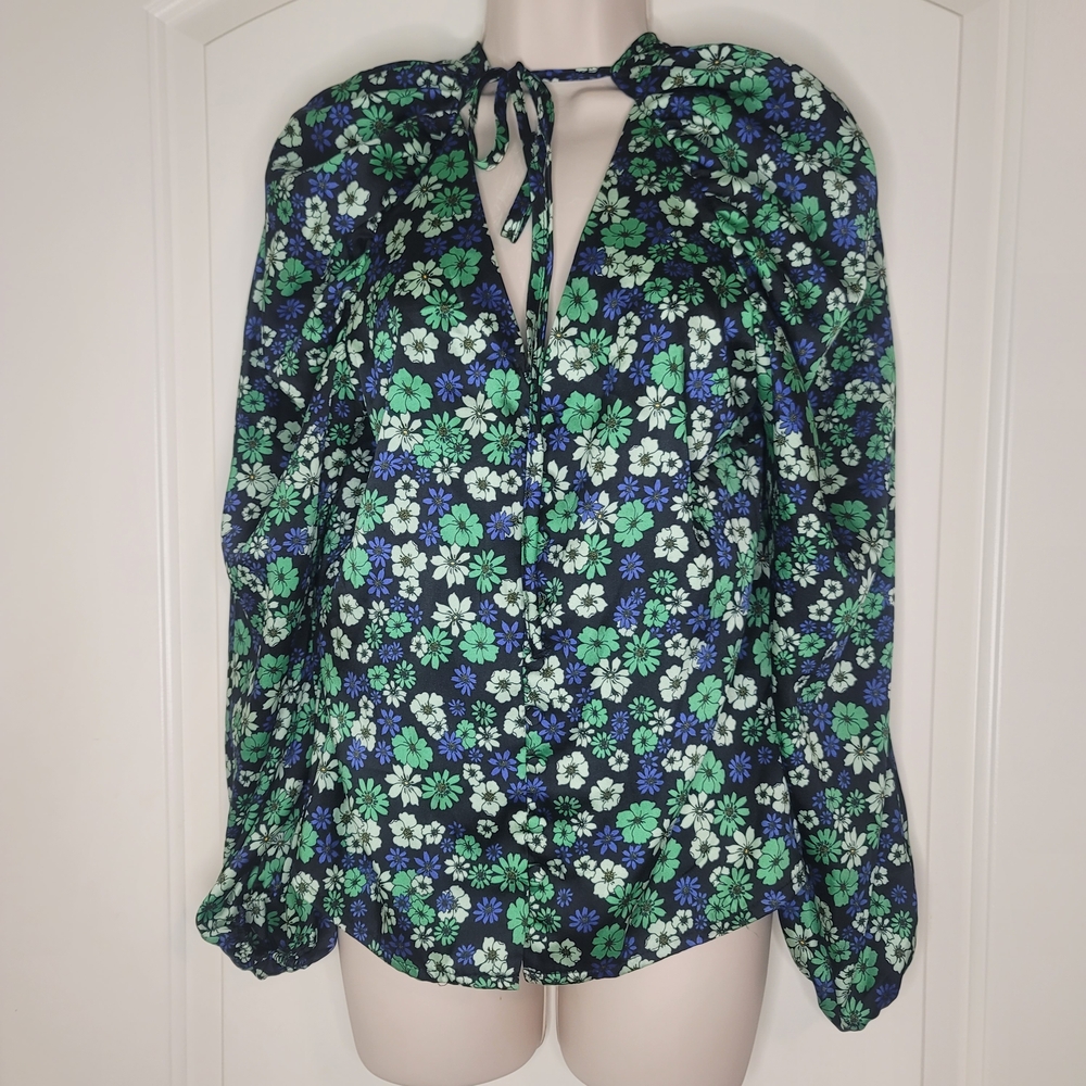 Topshop 60sFashion Floral Blouse in Green and Blue